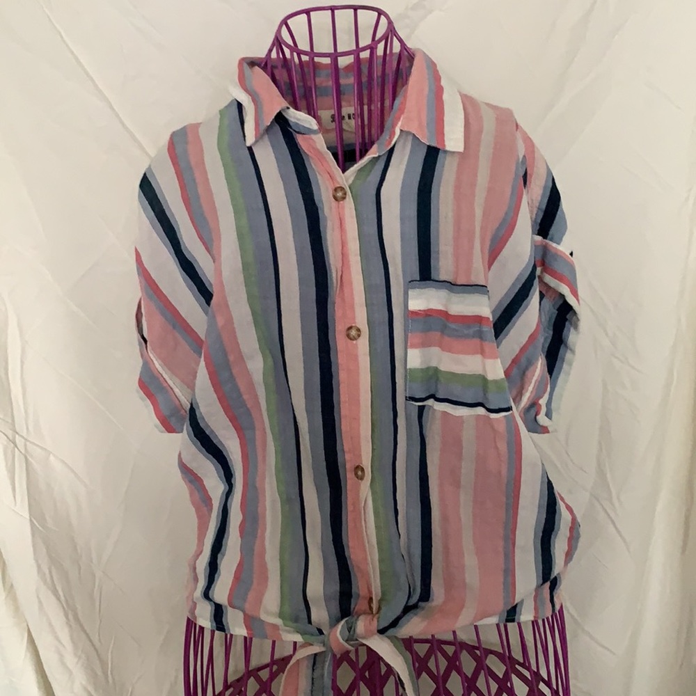 Blue Mood multi colored striped button-up blouse. Girl’s Large/Women’s Small